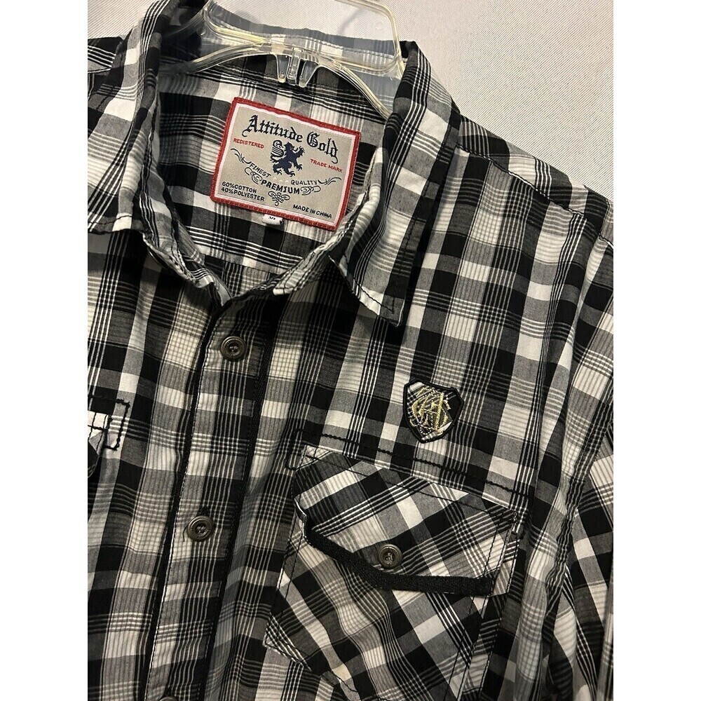 Attitude Gold Button Up Black Plaid Western Y2K Shirt Size XL